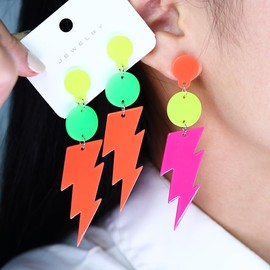 80s Neon Earrings Retro Acrylic Hollow Lightning Bolt Drop Dangle Earrings for Women for 80s Party Costume Accessory (01:orange)