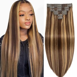 Clip in Hair Extensions Real Human Hair 3.6oz/100g 100% Human Hair Extension for Women 8pcs Per Set With 18 Clips Double Weft (16 Inch #4/27 Chocolate Brown to Honey Blonde)
