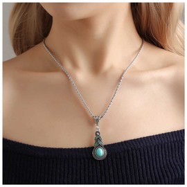Allereya Boho Turquoise Pendant Necklace Natural Turquoise Stone Necklace Silver Round Snake Chain Necklace Blue Rhinestone Necklace Jewellery for Women and Girls