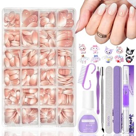 420 Pieces French Square False Nails for Sticking Kit Full Cover Short Glue Acrylic Nail Tips Pink Almond Short Nail Art Beauty