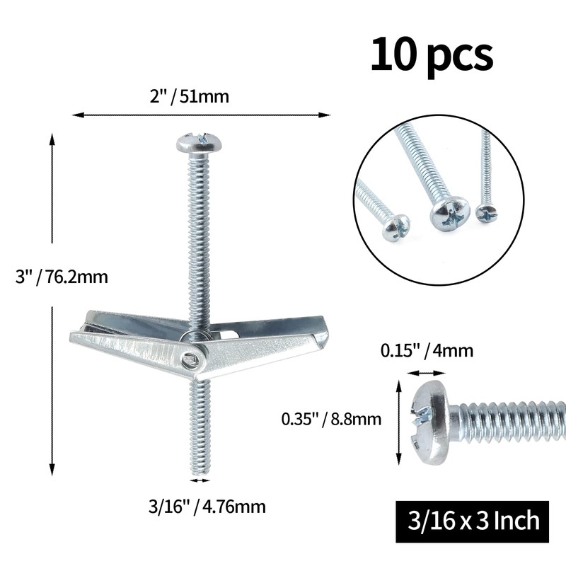Jersvimc 10Pcs 3/16 x 3 Inch Round Head Toggle Bolt