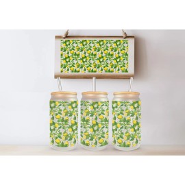 Mugzan Lemon Tree Frosted Glass Can With Bamboo Lid & Straw 16 Oz Glass Cup by Mugzan