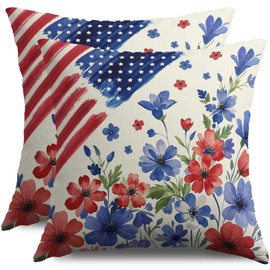 Blue Red Patriotic Floral American Flag Pillow Covers 18X18 Set of 2, 4th of July Flower Decorative Throw Pillow Covers Outdoor Memorial Day Independence Holiday Cushion Cases Couch Sofa Bed Decor