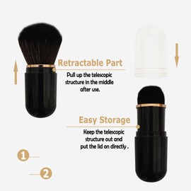 Pack of 2 Retractable Make Up Brushes, Travel Foundation Brush, Portable Mini Powder Brush, Face Blush Brush with Cover for Liquid Foundation, Powder Cosmetics, Cream, Black & White