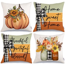 GEEORY Fall Pillow Covers 18x18 Inch Set of 4, Pumpkins Mason Jars Home Sweet Home Striped Seasonal Decorative Throw Pillows Farmhouse Autumn Thanksgiving Decorations for Home Decor (Orange)
