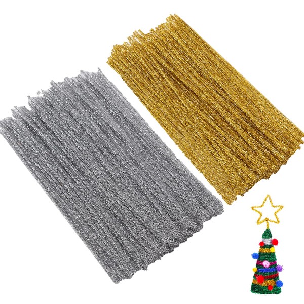Pfeifenputzer 200 Stück, Glitzer Pfeifenreiniger Set, Pfeiffenputzerdraht Gold+Silber, 30CM Pfeiffenputzerdraht
