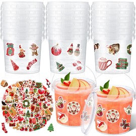 PerKoop 20 Pcs 32 oz Ice Cream Buckets with Lids and Handles Clear Cocktail Rum Buckets with Stickers Plastic Transparent Tub Reusable Food Storage Containers for Parties(Xmas)