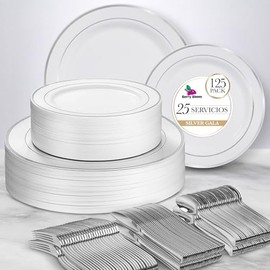 Vajilla Reutilizable Premium Color Plata 125 Piezas: 50 Platos con Orilla Plateada, 25 Cucharas Plateadas, 25 Tenedores Plateados, 25 Cuchillos Platea