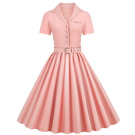 Women Notched Lapel Collar 50s Vintage Cocktail Swing Dress with Belt Short Sleeve Buttons Up 1950s Rockabilly Prom Audrey Hepburn Dress Knee Length Pleated Fit A Line Church Work Dress Pink-Belt XXL