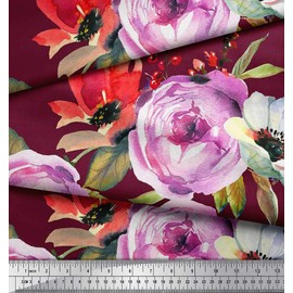 Soimoi Red Silk Fabric Leaves & Floral Decor Fabric Printed BTY 42 Inch Wide