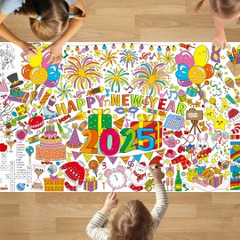 PADTIC New Year Giant Coloring Poster,35x72 inches Happy New Year Giant Paper Coloring Tablecloth,DIY Art Crafts Coloring Tablecover,Versatile Coloring sheet for Boys Girls New Year Eve Party Supplies