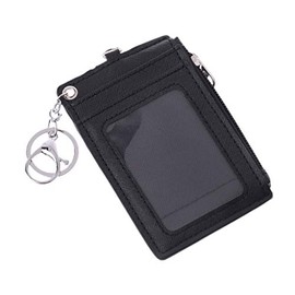 Portable Leather Business ID Card Credit Badge Holder Coin Purse Wallet Keychain (Black)