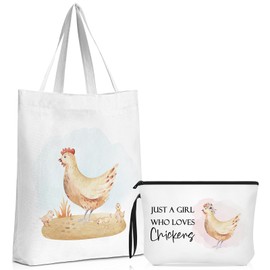 Sieral 2 Pcs Valentines Day Animal Lover Bag Gift for Women Travel Canvas Tote Portable Zipper Pouch Canvas Reusable(Chicken)