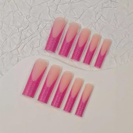 QQPPOLIU Extra Long Press on Nails Square Shape Glitter Glue on Nails with Design Stick on Nails for Women 24pcs