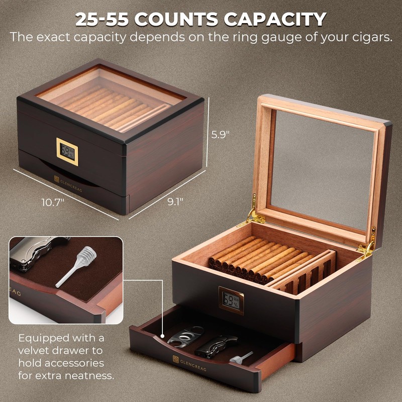 GLENCREAG MMT-3041 Cigar Humidor Box for 55 Counts, See-Through Design