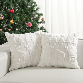 Lewondr Christmas Throw Pillow Cover 18x18, Set of 2 Super Soft Faux Fur Pillow Covers Velvet 3D Christmas Tree Reindeer Embroidery Square Throw Pillowcase for Living Room Bed Sofa Home Decor, White