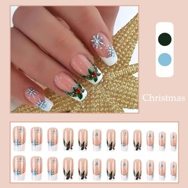 24Pcs Christmas French Tip Press on Nails Long Winter Snowflake Fake Nails Christmas False Nails with Design Glossy Acrylic Nail Full Cover Glue on Nails for Women DIY Xmas Holiday Nail Art Decoration