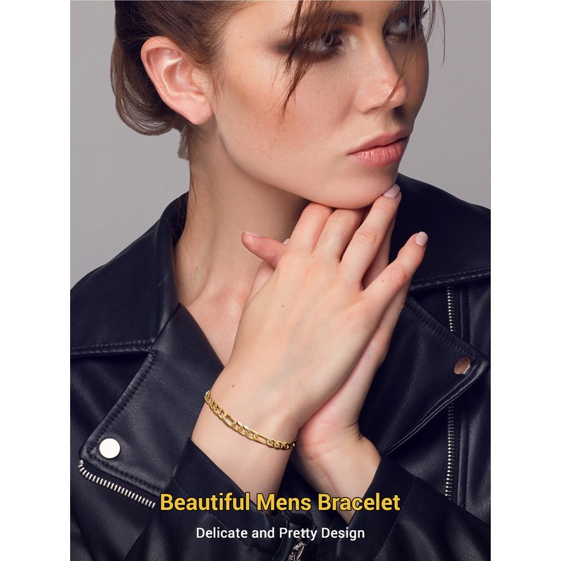 PROSTEEL Men's Shiny Stainless Steel Figaro Chain Bracelet Gold/Silver/Black 3+1