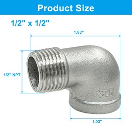 Hordion 2Pcs 304 Stainless Steel 90 Degree Elbow, 1/2" NPT Male x 1/2" NPT Female Cast Pipe Fitting