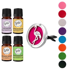 Wild Essentials Flamingo Essential Oil Car Vent Diffuser Kit with Lavender, Lemongrass, Peppermint, Orange Oils, Stainless Steel Locket Pendant, 8 Refill Pads, Customizable Color Changing Air Fresh