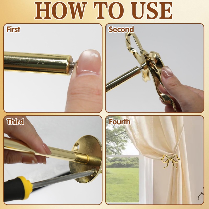 2Pcs Metal Bow Curtain Fixers, Curtain Holdbacks Gold Bow Decorations