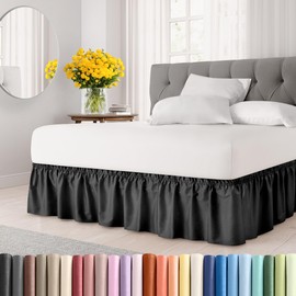 Wrap Around Dust Ruffle Bed Skirt - Black - for King Size Beds with 18 Inch Drop - Easy Fit Elastic Strap - Adjustable Pleated Bedskirt w/Brushed Fabric - Wrinkle Free - for Women, Men, Kids & Teens