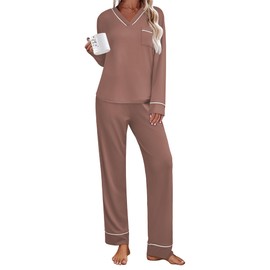 Ekouaer Women's Pajamas Sets V Neck Long Sleeve Sleepwear Comfy Pants 2 Piece Loungewear with Pocket Brown Small