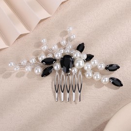 Teyglen Wedding Pearl Hair Comb Black Rhinestone Pearl Hair Piece Elegant Pearl Bride Wedding Hair Comb Decorative Hair Accessories for Women Black Rhinestone Headpiece(Black)