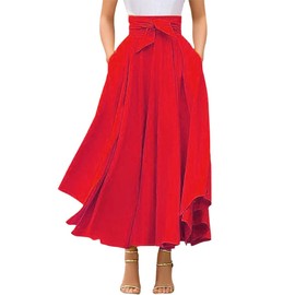 chouyatou Women's Elegant High Waisted Side Slit Irregular Bohemian Maxi Skirt with Pockets, Red, Large