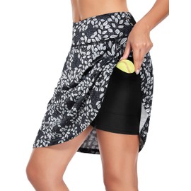 KORALHY Women's 20" Knee Length Skorts Skirts Tennis Athletic Golf Causal Skort with 4 Pockets, Grey Leaves, X-Large