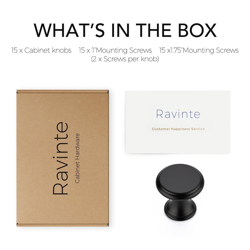 Ravinte 15 Pack Matte Black Kitchen Cabinet Knobs, Solid Black