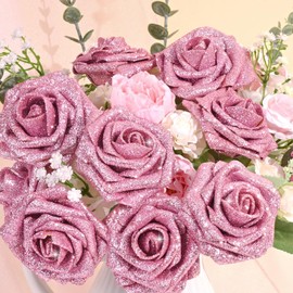 36Pcs Roses Artificial Flowers, Glitter Pink Roses Foam Flowers with Stems, Fake Flowers Glitter Foam Roses Bouquet for DIY Wedding Party Bridal Arrangements Table Centerpieces Home Decorations