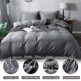 Annadaif Dark Grey Duvet Cover King Size，3 Pieces Soft Washed Microfiber Duvet Cover Set ,Comforter Cover with Bowknot Bow Tie （1 Duvet Cover 104x90 Inch, 2 Pillowcases） Easy Care Bedding Set
