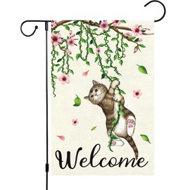 Louise Maelys Welcome Spring Garden Flag 12x18 Double Sided, Burlap Small Cat Flower Floral Yard for Seasonal Outside Outdoor House Decoration