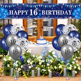 RUMIA Blue 16th Birthday Decorations for Boys Navy Blue Silver Happy 16th Birthday Yard Banner and Blue 16th Birthday Balloons for Indoor Outdoor Boys Girls 16th Birthday Party Supplies