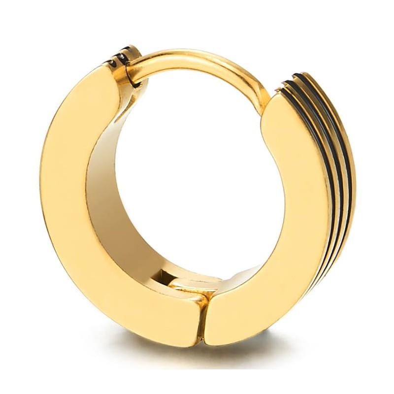 Gold Color Huggie Hinged Hoop Earrings with Black Stripes, Stainless