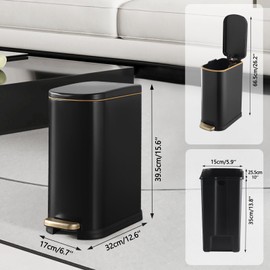 ELPHECO Slim Bathroom Trash Can with Lid Stainless Steel Garbage Can Black Trash Bin 3.5 Gallon Waste Bin with Removable Inner Bucket for Narrow Bedroom, Office(Matte Black)