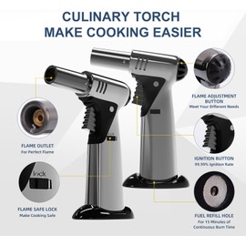 Butane Torch, Butane Refillable Kitchen Cooking Torch, Torch Lighter with Safety Lock And Adjustable Flame For BBQ, Baking, Brulee Creme, Crafts and Soldering(Butane Gas Not Included)