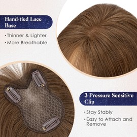 Elailite Human Hair Toppers for Women Real Human Hair Topper with Bangs Hand-Tied Thin 8 * 11CM Lace Base Light Weight Clip in Remy Hairpieces 11 Inch Medium Brown