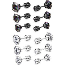 MILACOLATO 6 Pairs Titanium Earrings for Sensitive Ears, Screw Back, Hypoallergenic, Stainless Steel Stud Earrings, Double Side, Rainbow AB Cubic Zirconia, Cartilage Earrings for Men and Women, 4/5/6