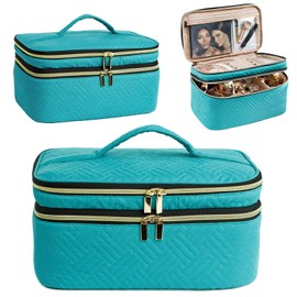 AMOIGEE Bolsa de maquillaje grande, organizador de bolsas de maquillaje de viaje, bolsa de maquillaje de doble capa, bolsa de aseo para brochas de maquillaje, botellas de tamaño completo, paletas de esponja, organizador de cosméticos, verde azulado, Ⅰ-La