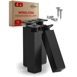LouMaxx Furniture Feet Adjustable Square - Set of 4 40 x 40 x 150 mm in Black Including Mounting Plate - Feet for Furniture Made of Aluminium - High-Quality Cabinet Feet for Individual DIY Furniture