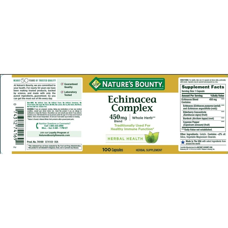 Nature's Bounty Echinacea Complex, Herbal Supplement, Supports Immune Health, 450