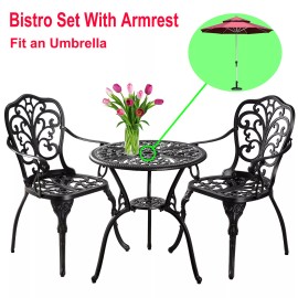Withniture 3 Piece Outdoor Bistro Set Cast Aluminum Patio Furniture Set Round Table Armrest