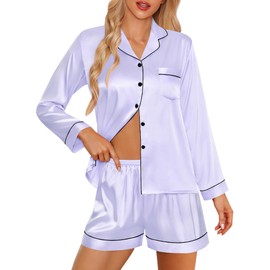 SWOMOG Womens Silk Satin Pajamas Set Long Sleeve Loungewear Two-piece Sleepwear Button-Down Pj Set, Lavender, Medium