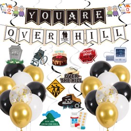 Hokinaa Over the Hill Birthday Decorations - 30 Pcs 50th Birthday Banners Old Lives Matter Foil Hanging Swirls Black White Gold Balloons for Older Age Men Women Retirement Party Supplies Decor