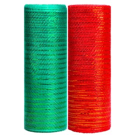 NAUZE 2 Rolls 10 Inch x 10 Yards Christmas Poly Mesh Ribbon Red Green Metallic Foil Deco Mesh Ribbon for Wreath Swags (Red, Green)