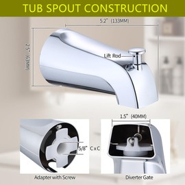 Slip On Tub Spout with Diverter, Bathtub Faucet with Shower Diverter and Hex Wrench Fits 1/2 inch Copper Tube,Easy to Install