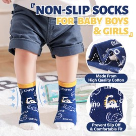 ANTSANG 12 Pairs Baby Girls Boys Toddlers Kids Grips Socks Crew Cotton Non-Slip/Anti-Skid Grips Socks(Dinosaur,1-3T)
