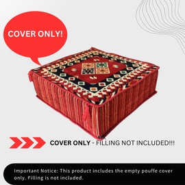 SPIRIT HOME INTERIORS Handmade Traditional Turkish Kilim Pouffe Cover - 60 x 60 x 20 cm, Moroccan & Bohemian Style Ottoman, Floor Cushion, Footrest, or Decor Accent - Unstuffed (Urgup)